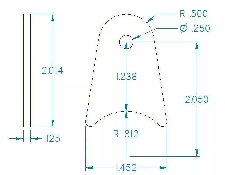 RADIUS FLAT TAB 1/4" HOLE, 1 3/16" HEIGHT, 1 5/8" TUBE, .120" THICK