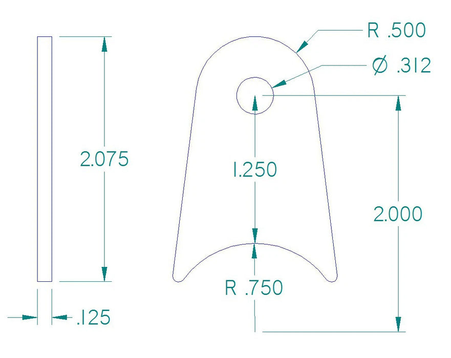 RADIUS FLAT TAB 5/16" HOLE, 1 1/4" HEIGHT, 1 1/2" TUBE