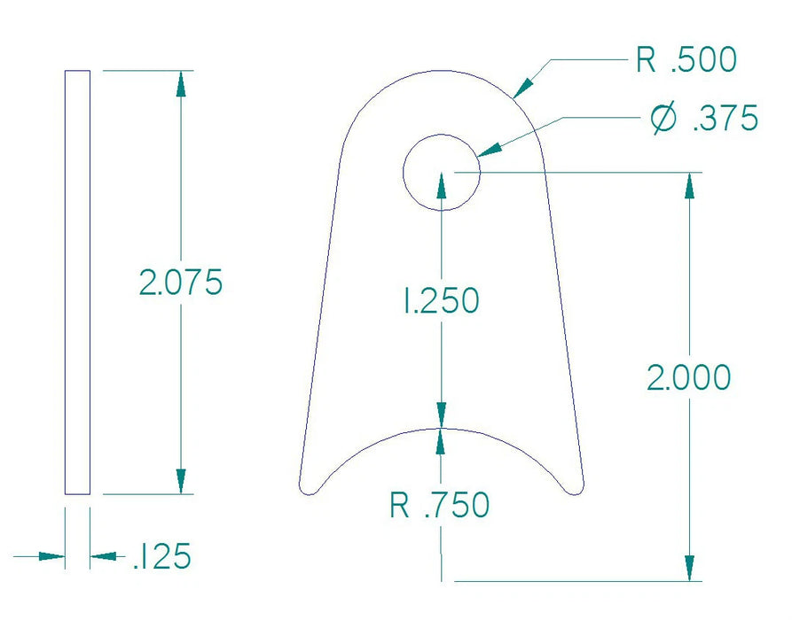 RADIUS FLAT TAB 3/8" HOLE, 1 1/4" HEIGHT, 1 1/2" TUBE