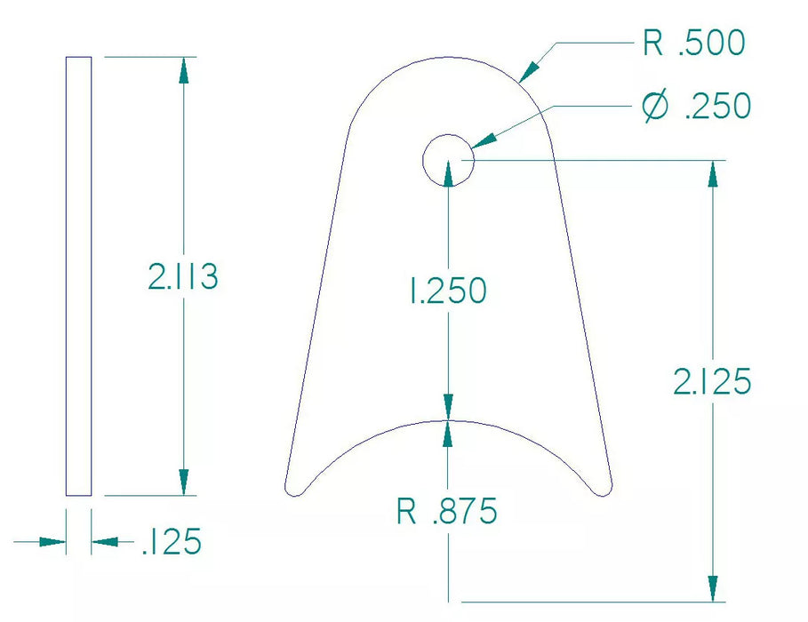 RADIUS FLAT TAB 1/4" HOLE, 1 1/4" HEIGHT, 1 3/4" TUBE