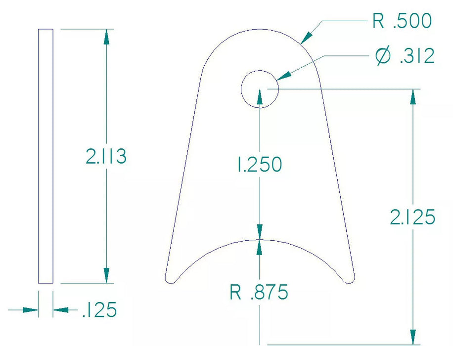 RADIUS FLAT TAB 5/16" HOLE, 1 1/4" HEIGHT, 1 3/4" TUBE