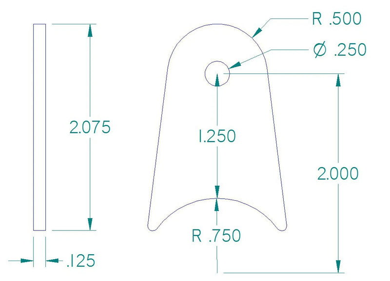 RADIUS FLAT TAB 1/4" HOLE, 1 1/4" HEIGHT, 1 1/2" TUBE