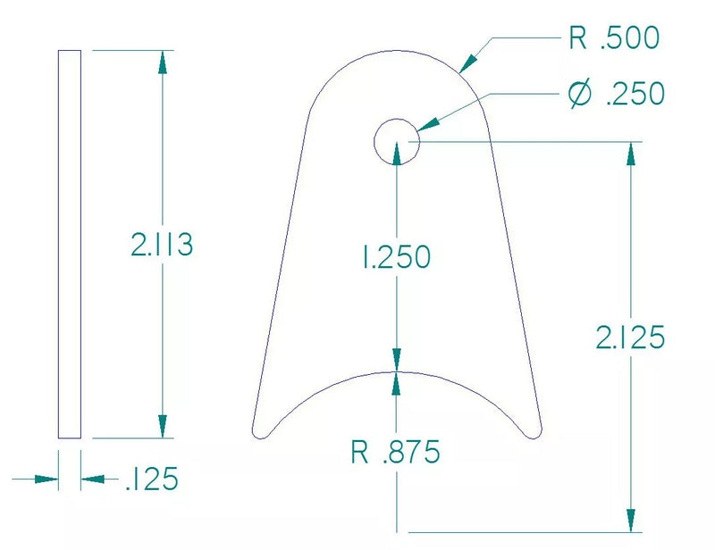 RADIUS FLAT TAB 1/4" HOLE, 1 1/4" HEIGHT, 1 3/4" TUBE