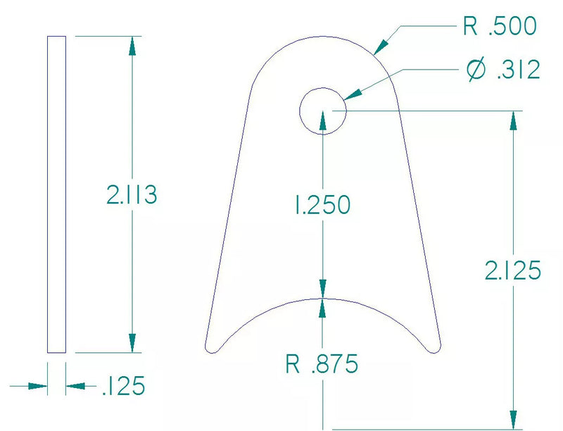 RADIUS FLAT TAB 5/16" HOLE, 1 1/4" HEIGHT, 1 3/4" TUBE