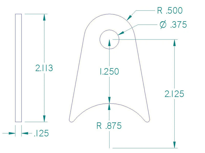 RADIUS FLAT TAB 3/8" HOLE, 1 1/4" HEIGHT, 1 3/4" TUBE